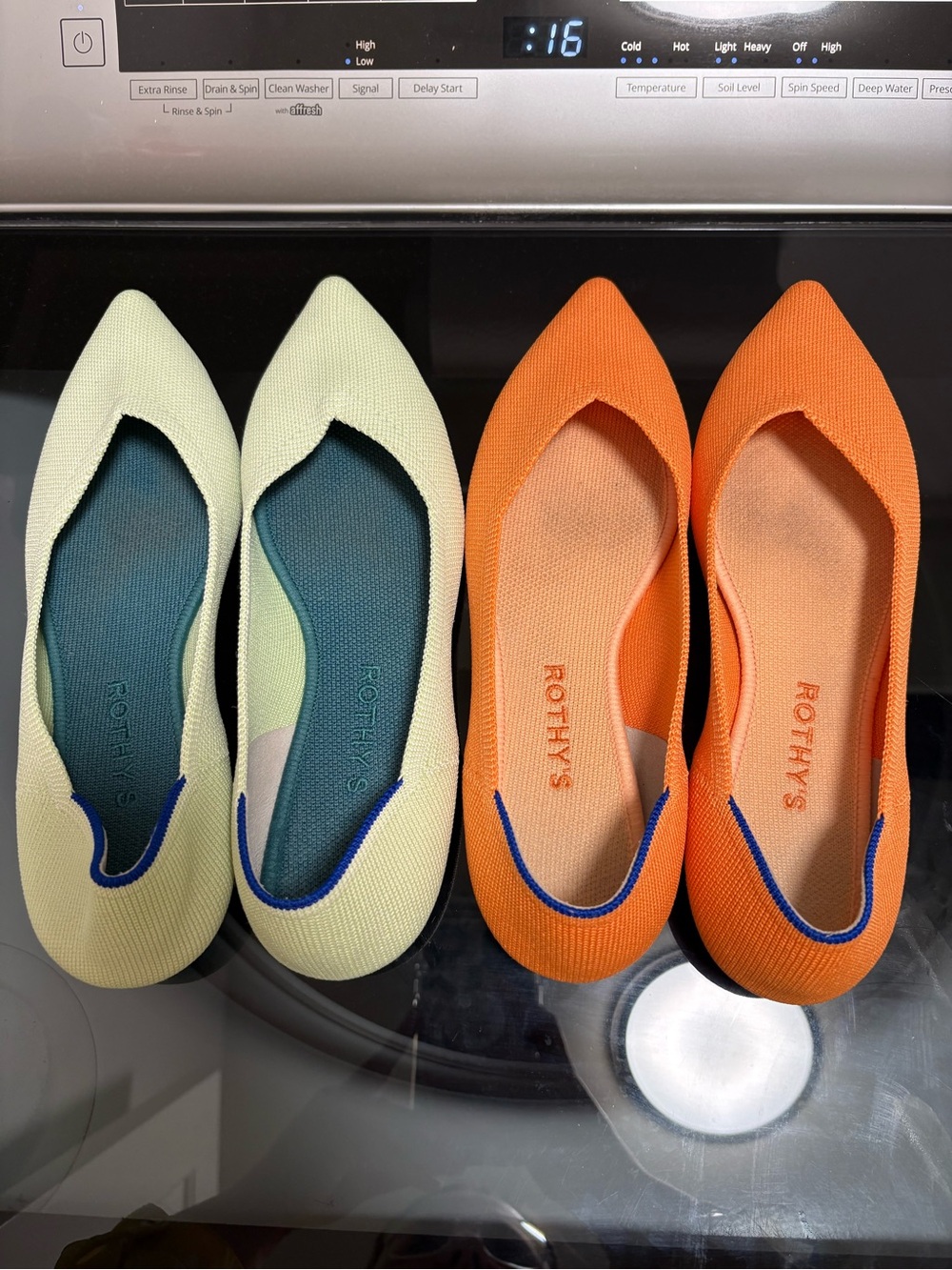 Rothy's Pointed Knit Flats in Orange and Pale Green